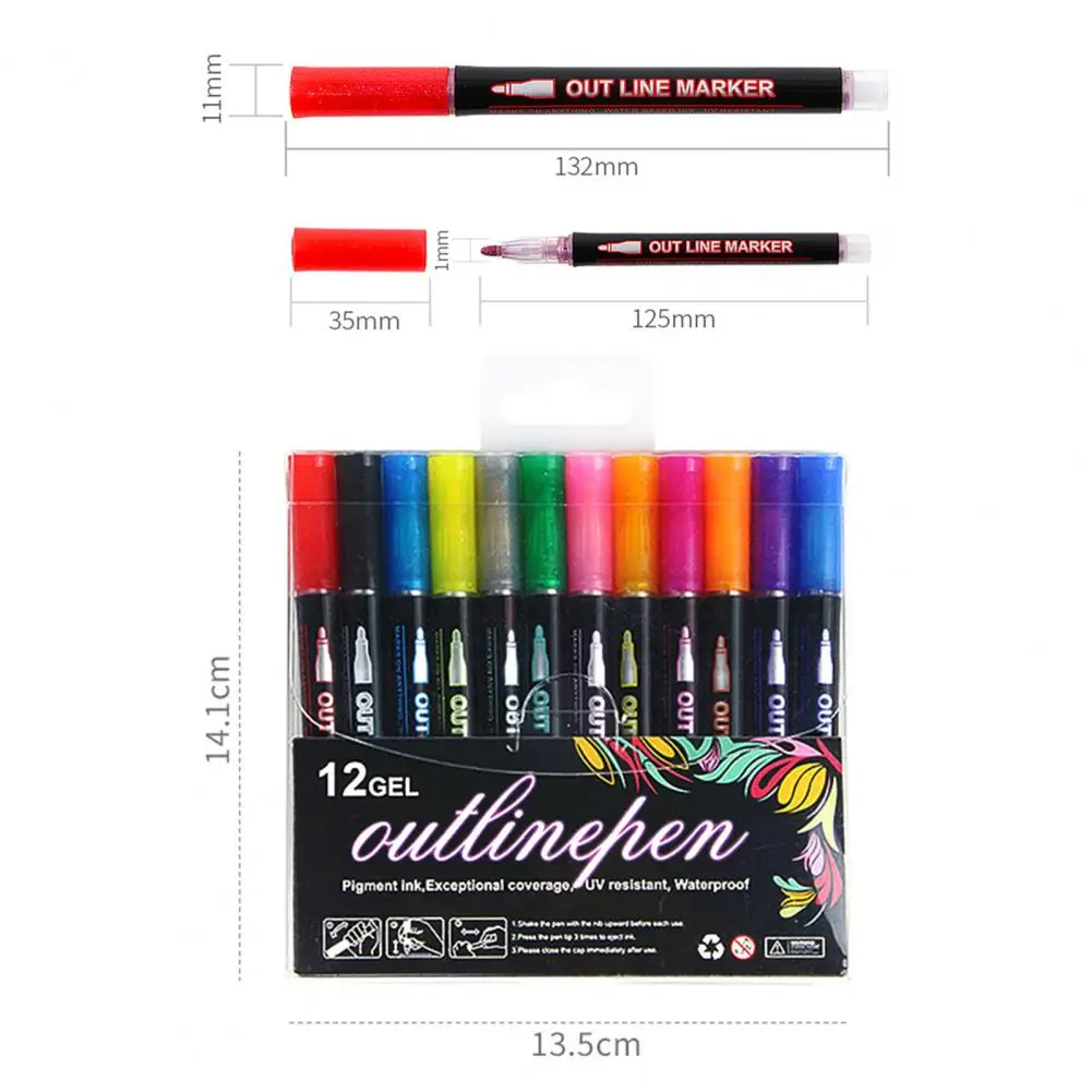 12ชิ้นปากการ่างเส้นคู่ set pulpen สีเมทัลลิกปากกาเขียนข้อความแวววาวศิลปะทำมือบัตรอวยพรปากการ่าง