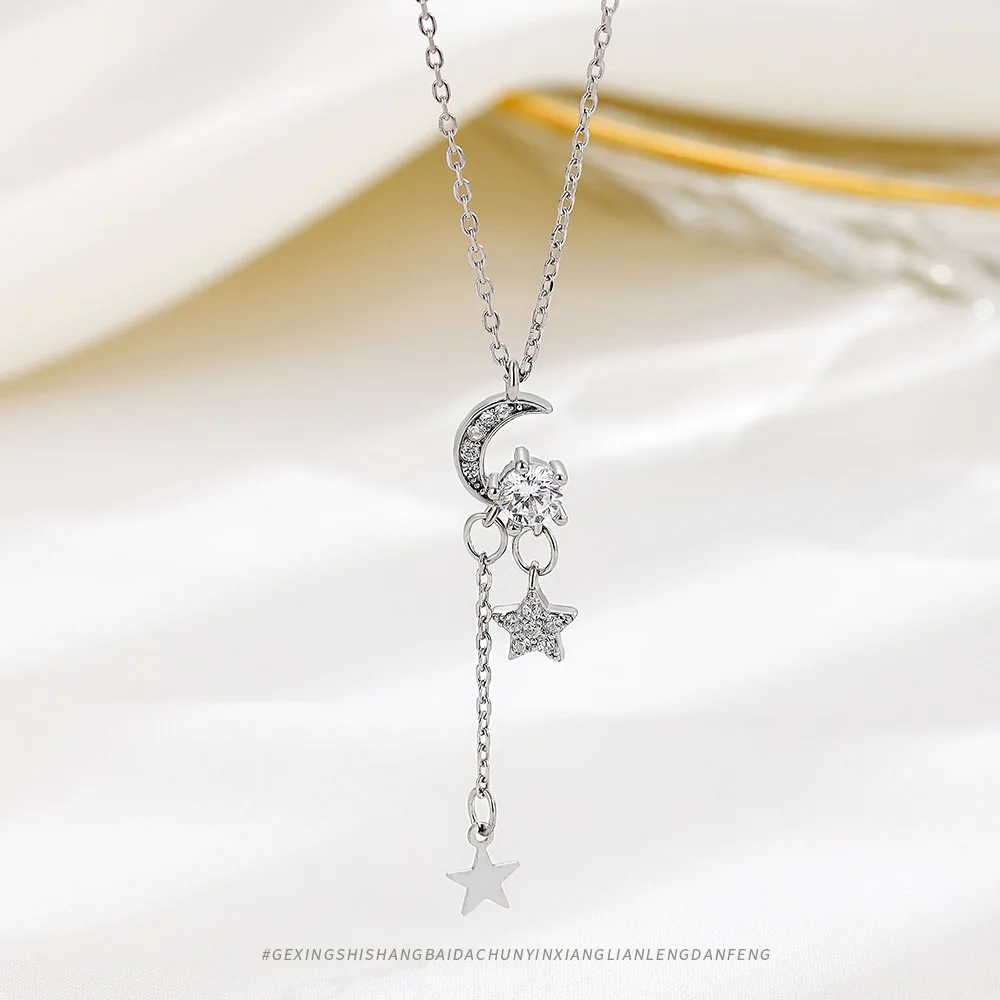 Unique Moon and Star Necklace for Women, S925 Sterling Silver Ins Jewelry, Hypoallergenic and Lightweight Pendant Necklace