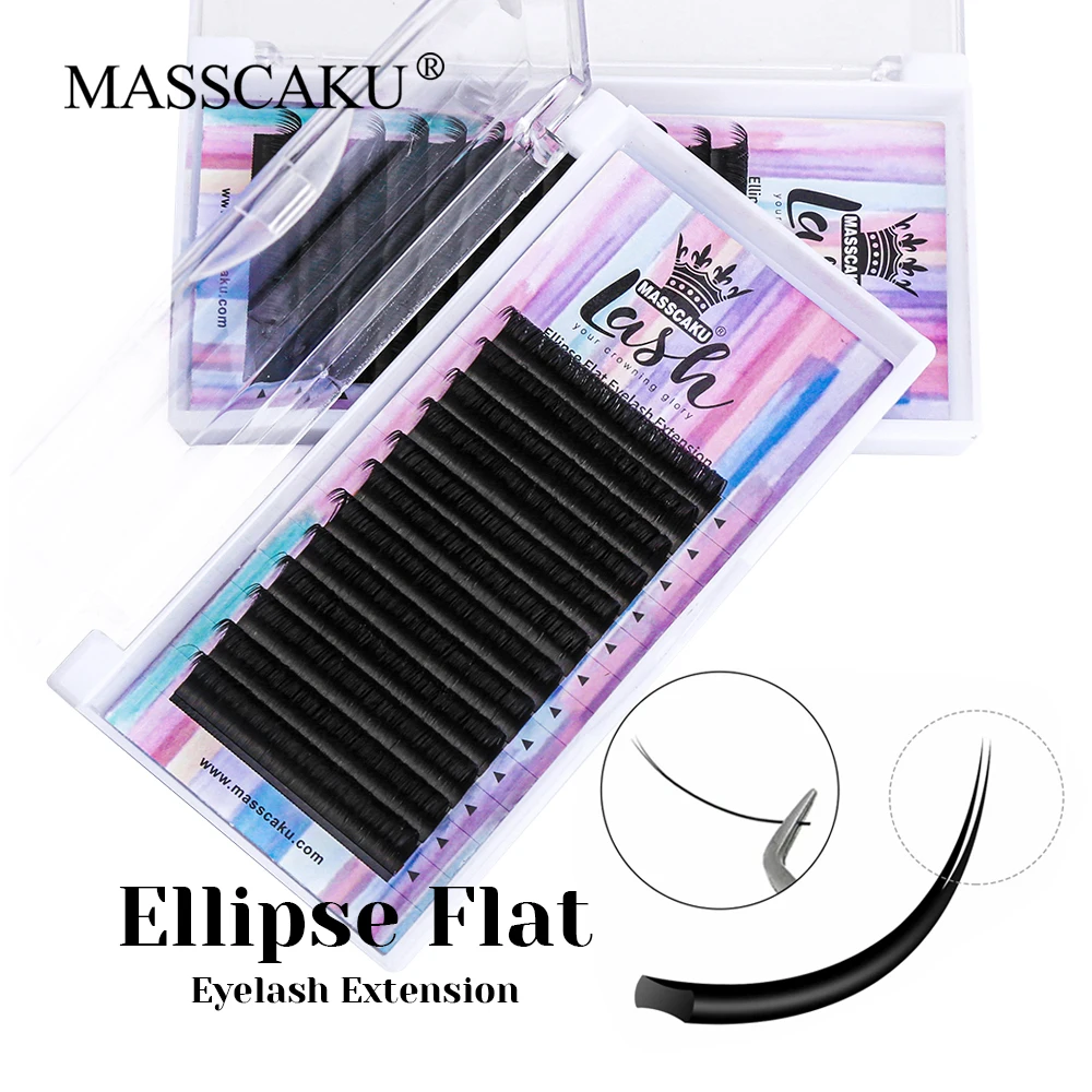 

MASSCAKU Hot Selling Matte Deep Black Rapid Grating Ellipse Flat Lashes Korean PBT Fiber Two Split Tips Shaped Eyelash Supplies