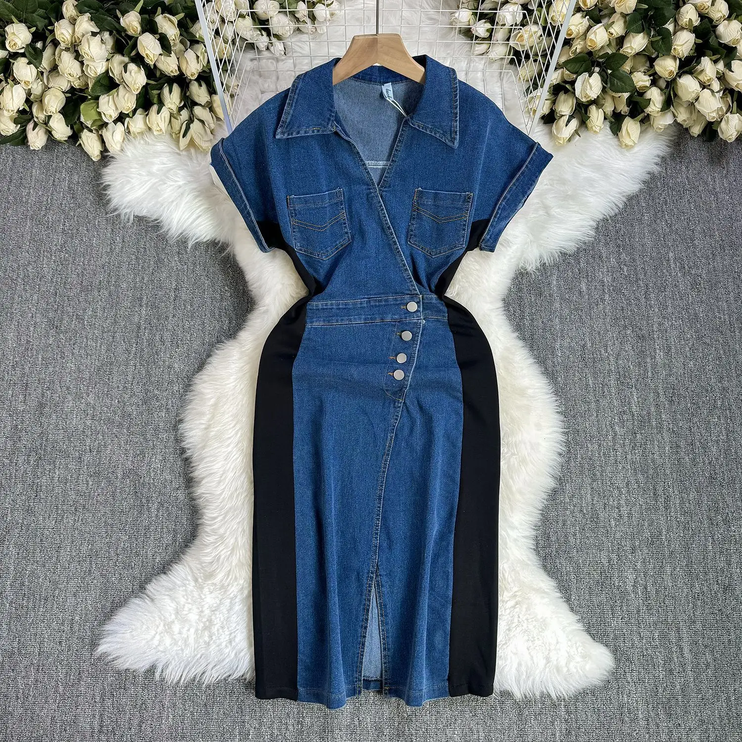 

Mid Length Dress Women Denim Dresses A Line Vestidos Turn Down Collar Short Sleeve Work Elegant Splice Y2k Streetwear 2025