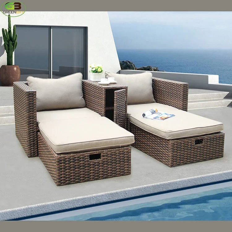 Aluminium Frame Patio Lounger Chair Outdoor PE Rattan Lounger with Rattan Table Wicker Garden Sofa