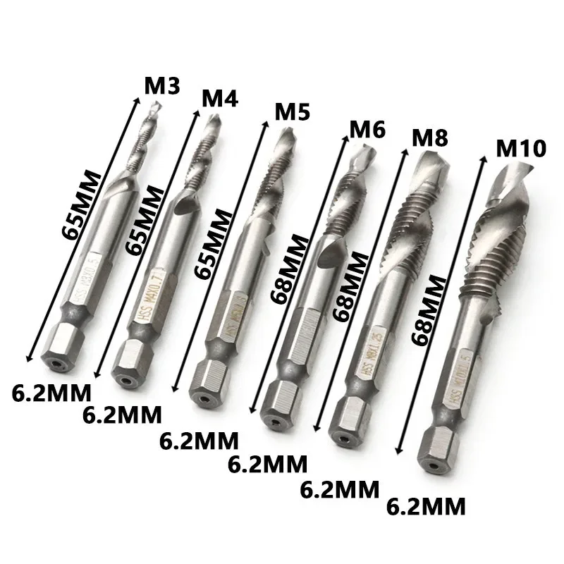 

6 шт. 1/4 ''hex M3/M4/M5/M8/M6/M10 высокое Скорость Сталь нитки спираль винтовое сверло бит шестнадцатеричный хвостовик метчики Деревообрабатывающие инструменты