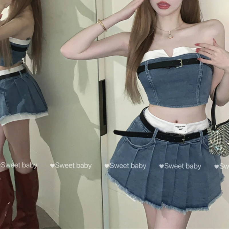 

Fashion American Retro Y2K Sexy Denim Suits Women Strapless Mini Top+ Pleated Mini Skirt Vintage Beach Two Pieces S