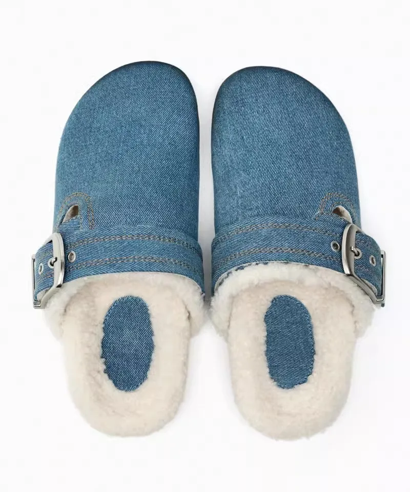 

Baotou Half Shoes Slippers Fashion Lamb Hair Denim Casual Shoe Buckle Decoration Thick Bottom Wool Slippers Outside Flats Slides