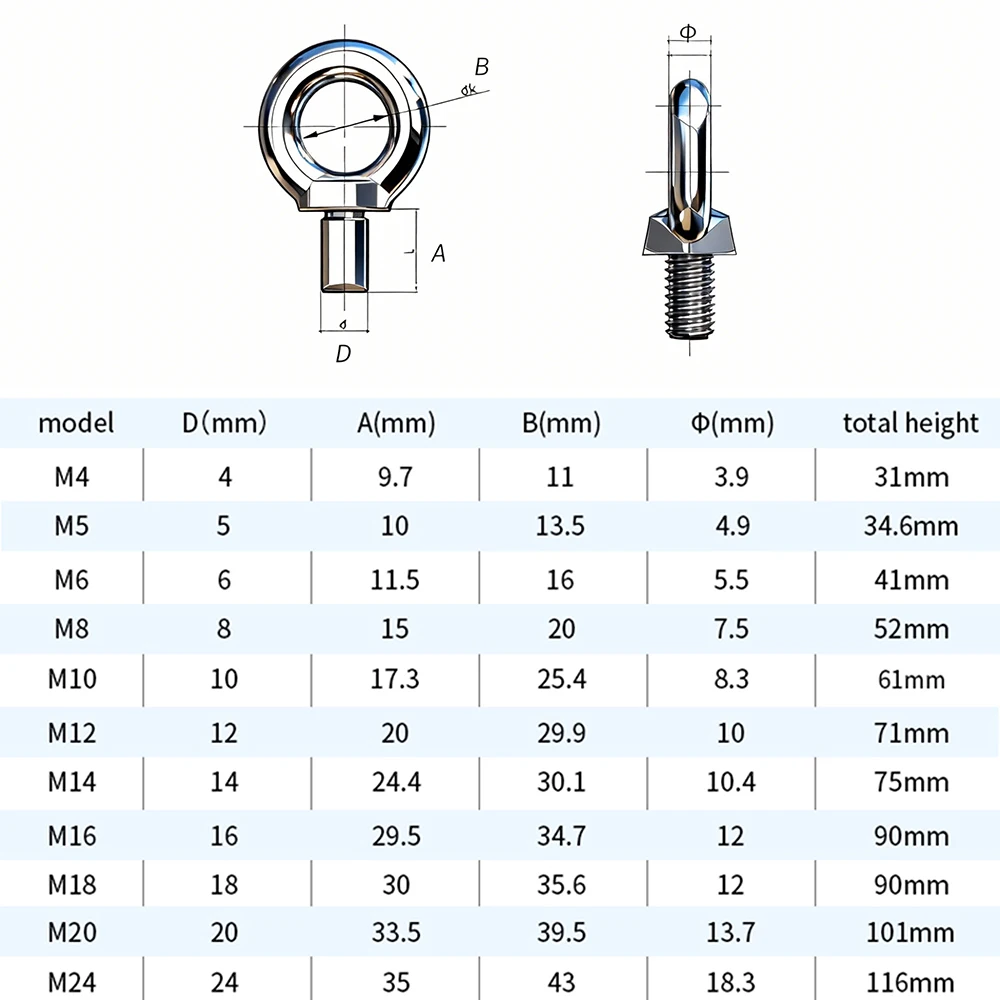 304 Stainless Steel Eyebolt, Lifting Hardware with M6/M8/M10/M12/M14 Ring Eyebolt and External Threaded Ring Screw