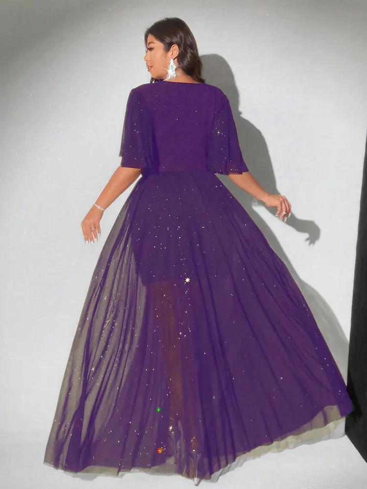 جديد حجم كبير مثير العميق الخامس الرقبة شبكة الترتر ألف خط هيم خياطة بطانة فستان ريترو متوهج كم عالية الشق تنورة مساء فستان