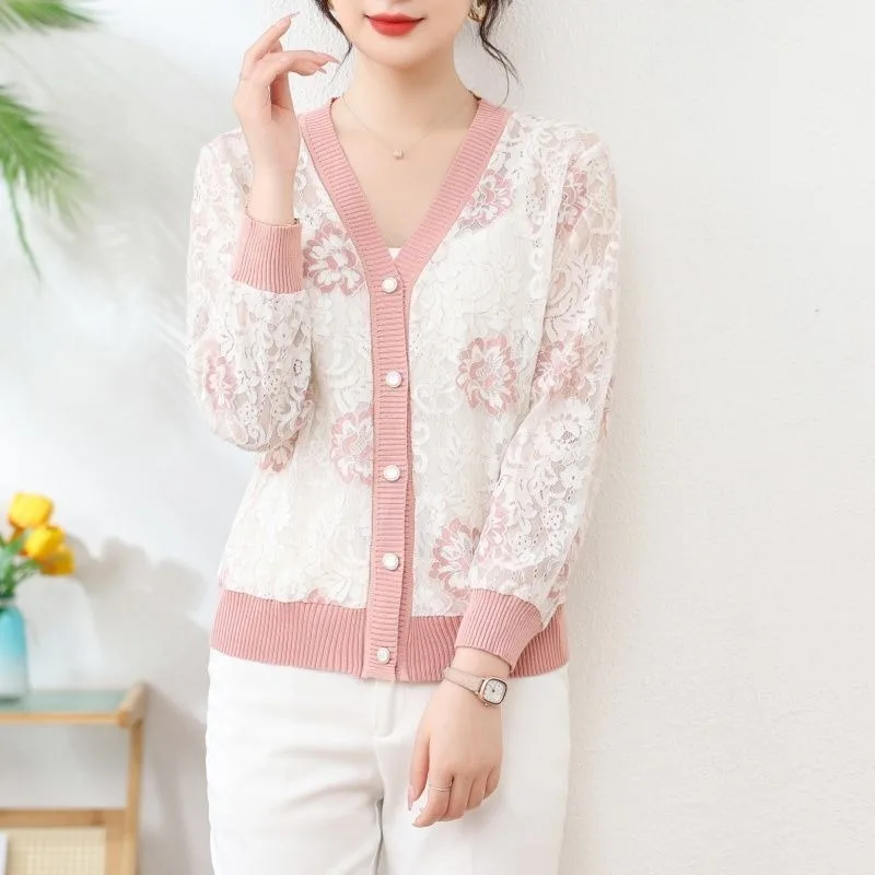 

Вязаный кардиган с v-образным вырезом, солнцезащитная одежда для женщин, 2022, тонкий кружевной свободный полый короткий топ с длинными рукавами