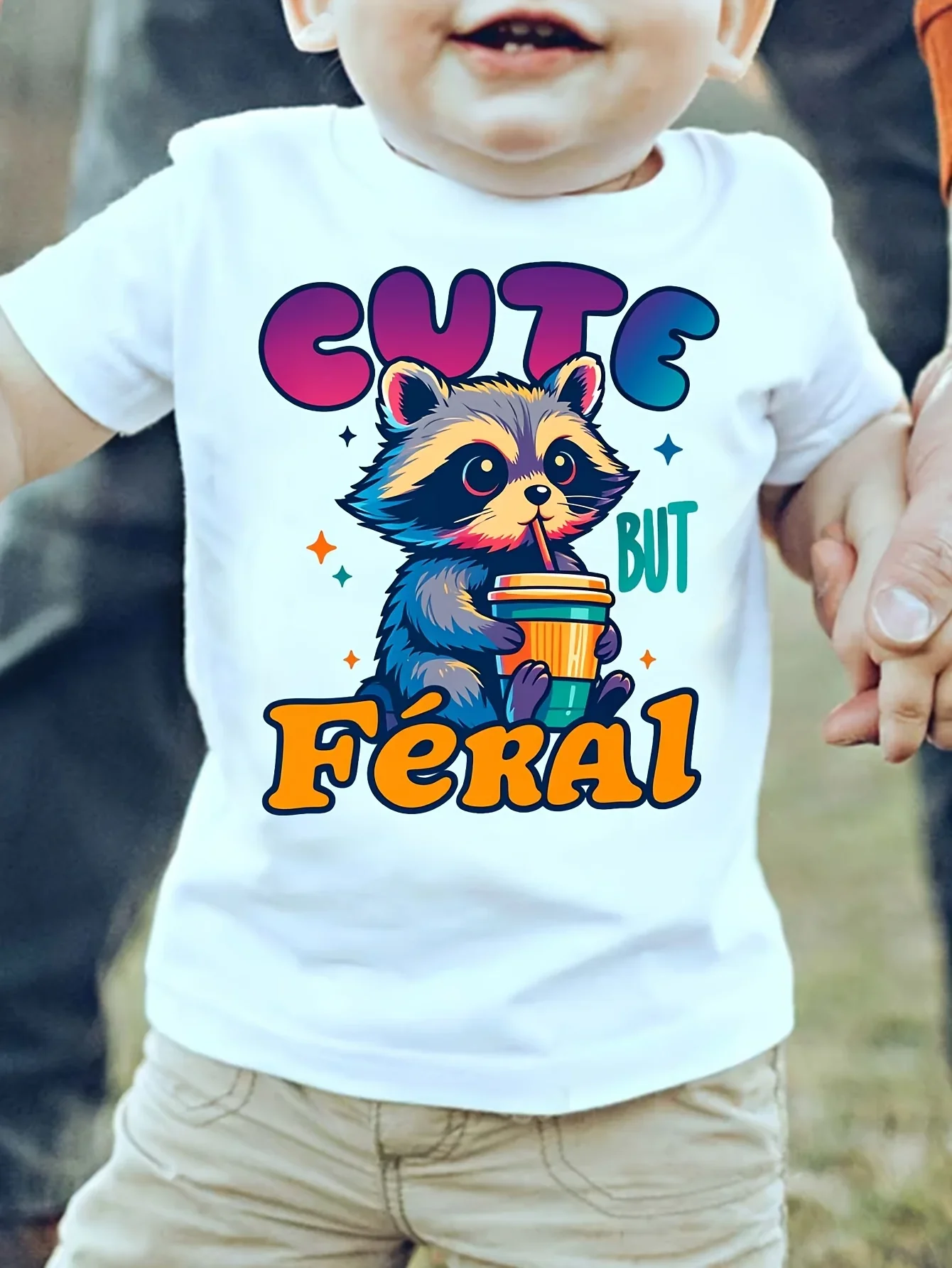Cute But Feral Raccoon Drinking Cup Cartoon Graphic Print T Shirt Family Matching Boys Girls Kids Short Sleeve Daily Tees
