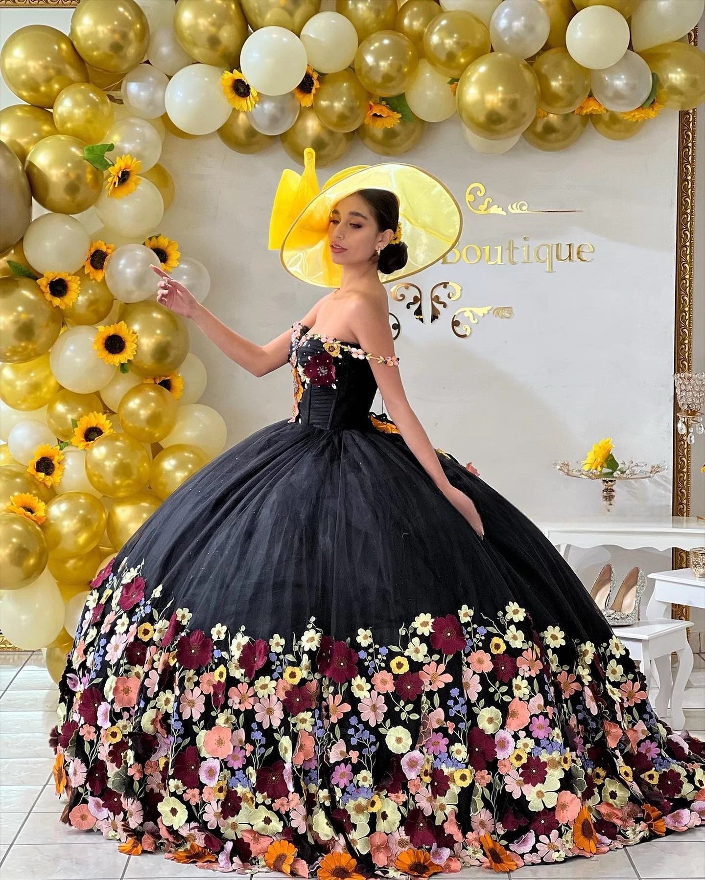 Princesa Quinceanera vestido de tule sem ombro, vestido floral de baile, 16 vestidos, 15 anos, personalizado, preto