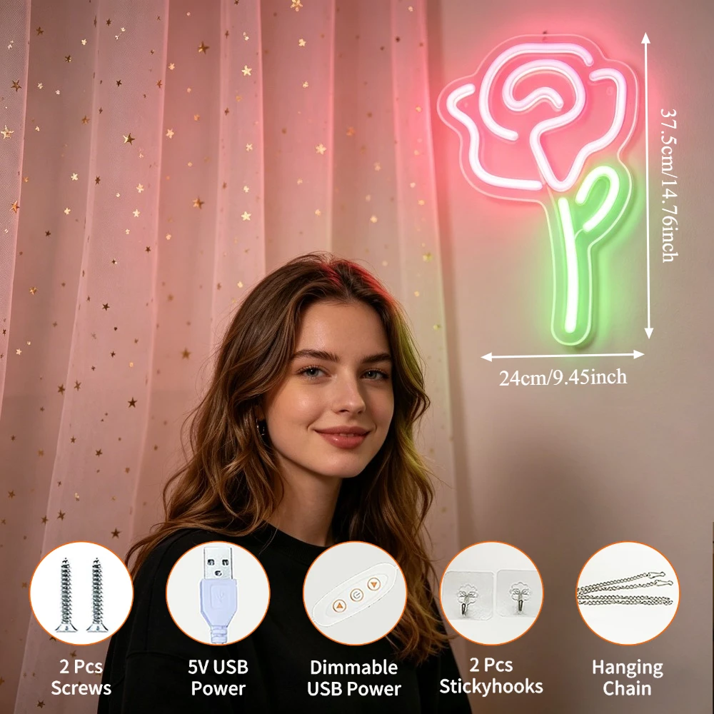 Pink Rose Flower Neon Sign LED Wall Art Home Decor Bedroom Decoration Aesthetic Night Light Valentine Gift
