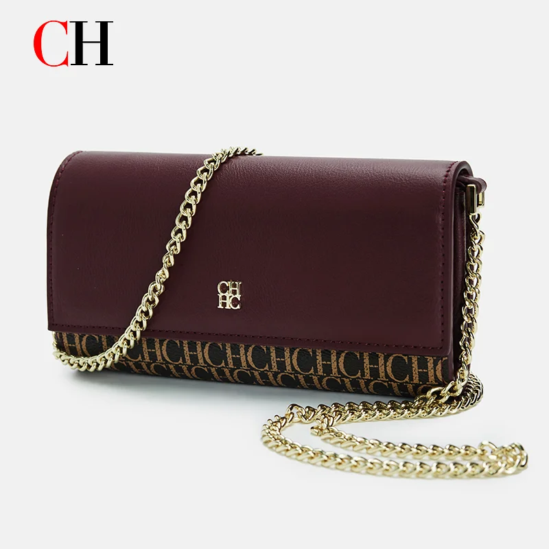 Bolso bandolera CH para mujer con estampado de logotipo, bolso de hombro con cadena, bolso de mano, cartera de piel sintética color rojo vino para fiesta