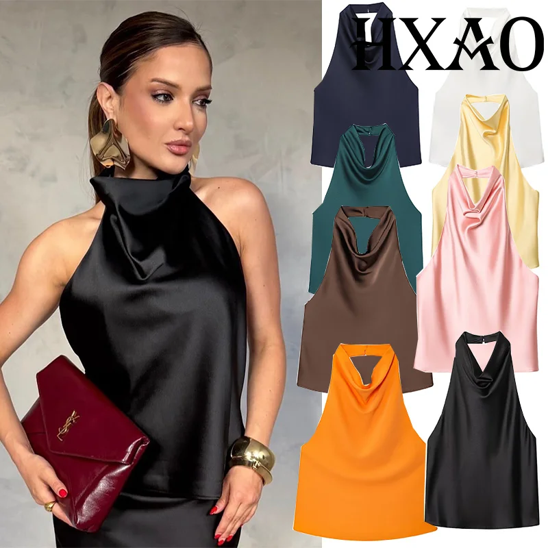 HXAO Top Damen Satin Neckholder Top Rückenfrei Sexy Tops für Damen Schulterfrei Schwarz Crop Top Tanks & Camis Ärmellose Party Tops