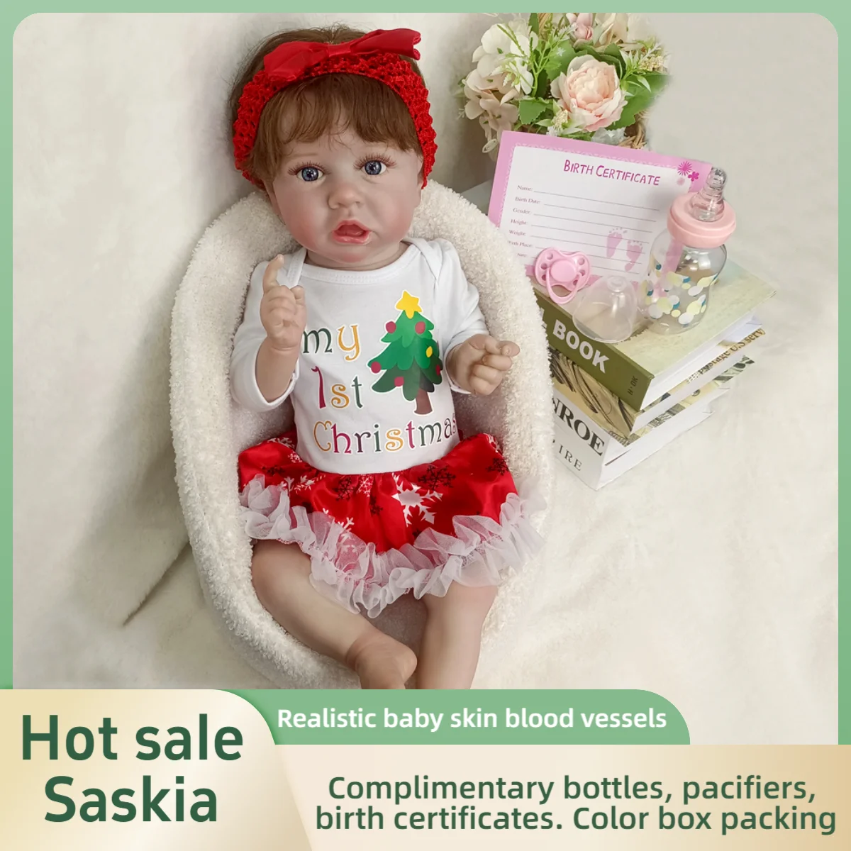 22 Inch Vinyl Reborn Baby Doll, Christmas Holiday Outfit, Blue Eyes, Vivid Expression, Posable Body, Color Box