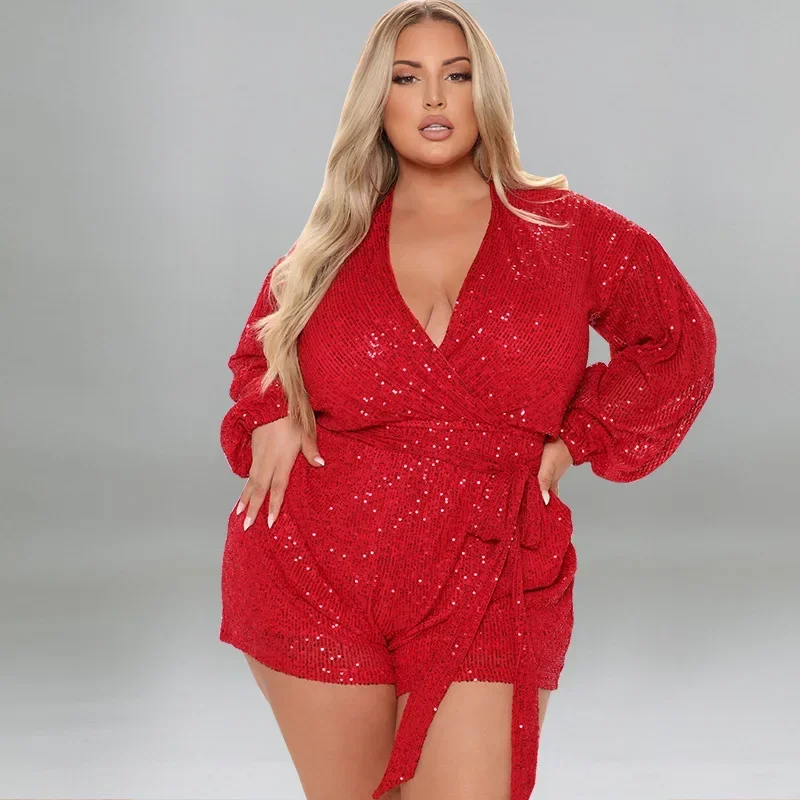 KEXU Sequins Belt Waist Wrap V-neck Long Sleeve Short Jumpsuit Plus Size Women One-piece Suit Sexy Party Street Romper Playsuit