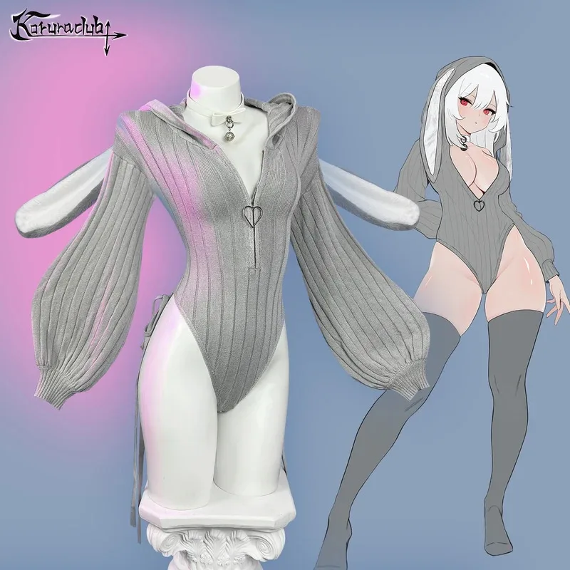 

2025 11 KORURACLUB Gray knitted long-sleeved Jumpsuit sweater pink Bunny girl Cute Plush rabbit tail