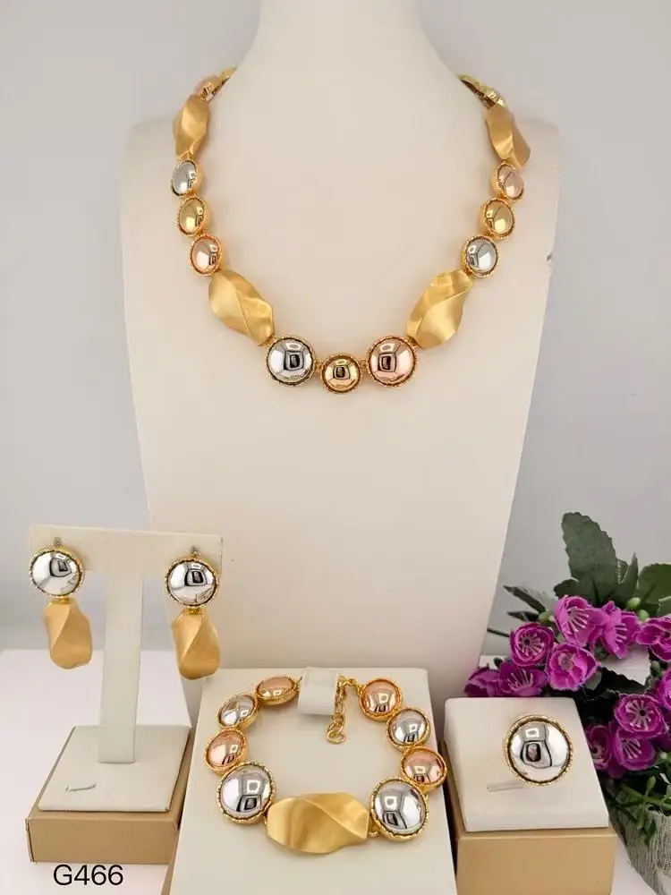 Statement Three Tone Geometric Italian Jewelry statement Collar Brazalete Aretes Anillo Discount 4PC Set for navidad Christmas