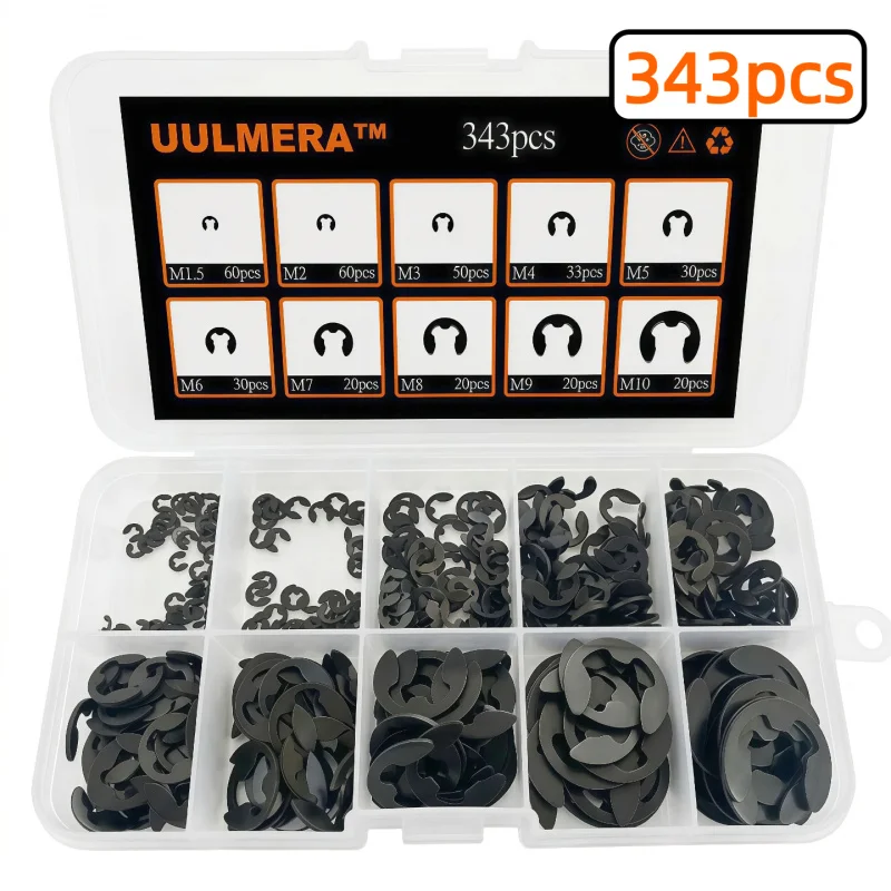 343Pcs M1.5-M10 Black Alloy Steel E Clip Set External Retaining Rings Metric Circlip for Shaft Bearing Hardware Fasteners