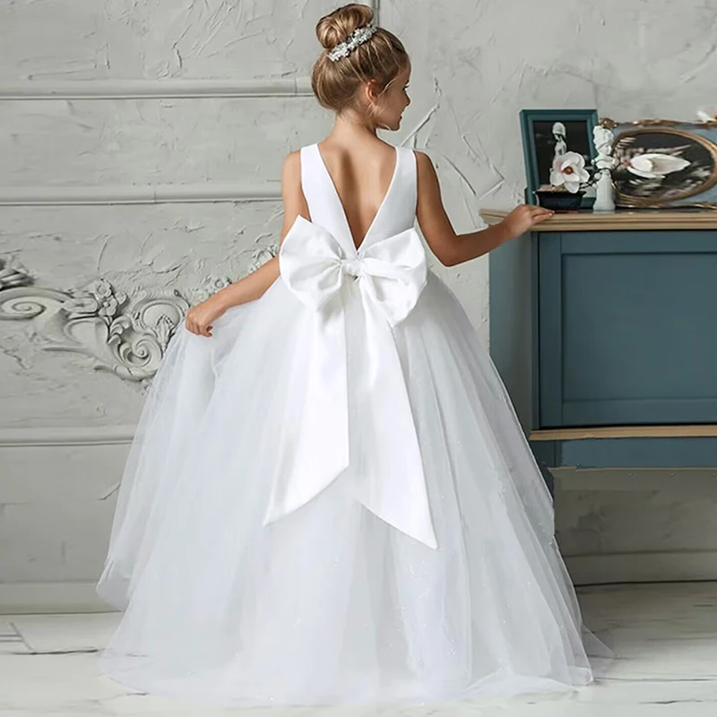 Summer Big Bow Long Bridesmaid Dress For Girls Children Costume Backless Princess Dresses Girl Dress Vestidos Wedding Prom Gown