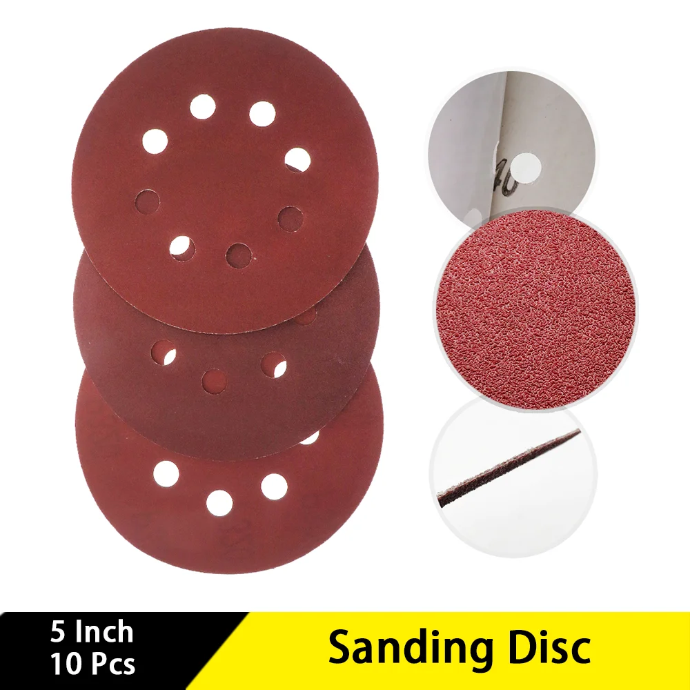 10pcs 5inch 8-Hole Sanding Disc Adhesive Sticker Round Sandpaper Disk Sand Sheets Grit 180/240/320 for Orbital Sander