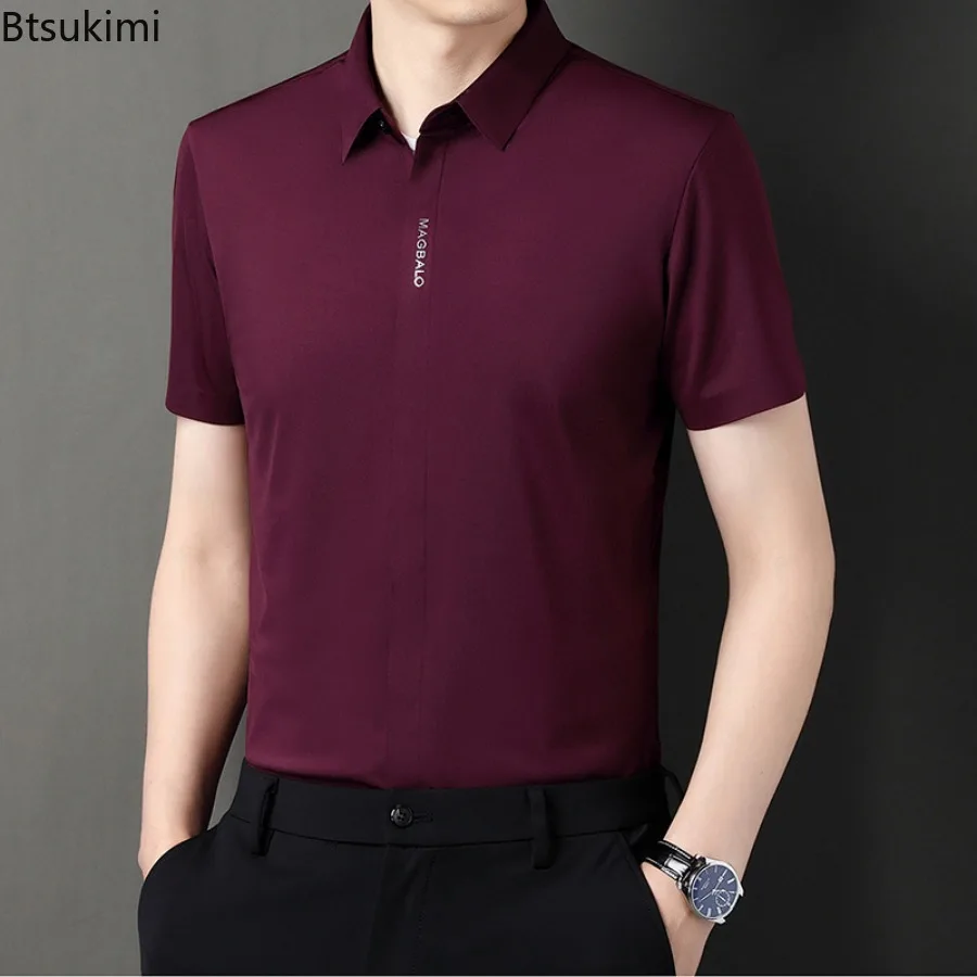 Fashion New Men's Summer Ice Silk Short Sleeve Shirts Solid Slim Business Casual Shirts Men Comfy Elastic Cardigan Social Blouse