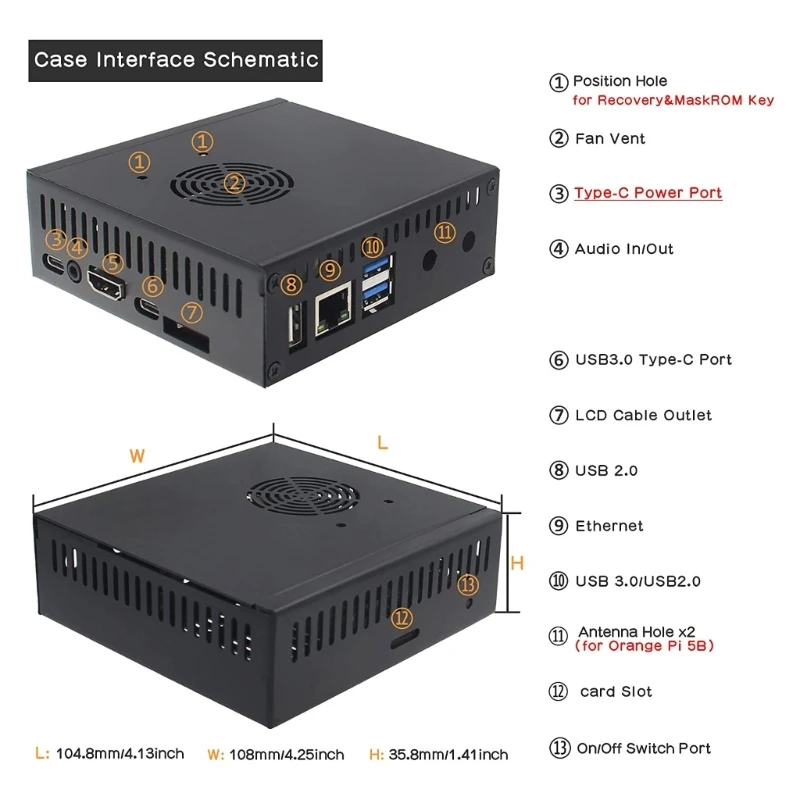 N506 Metal Case- for Orange 5 5B Enclosure Box with Cooling Fan Alloy- Heatsink Pads Supports NVMe SSD 2280