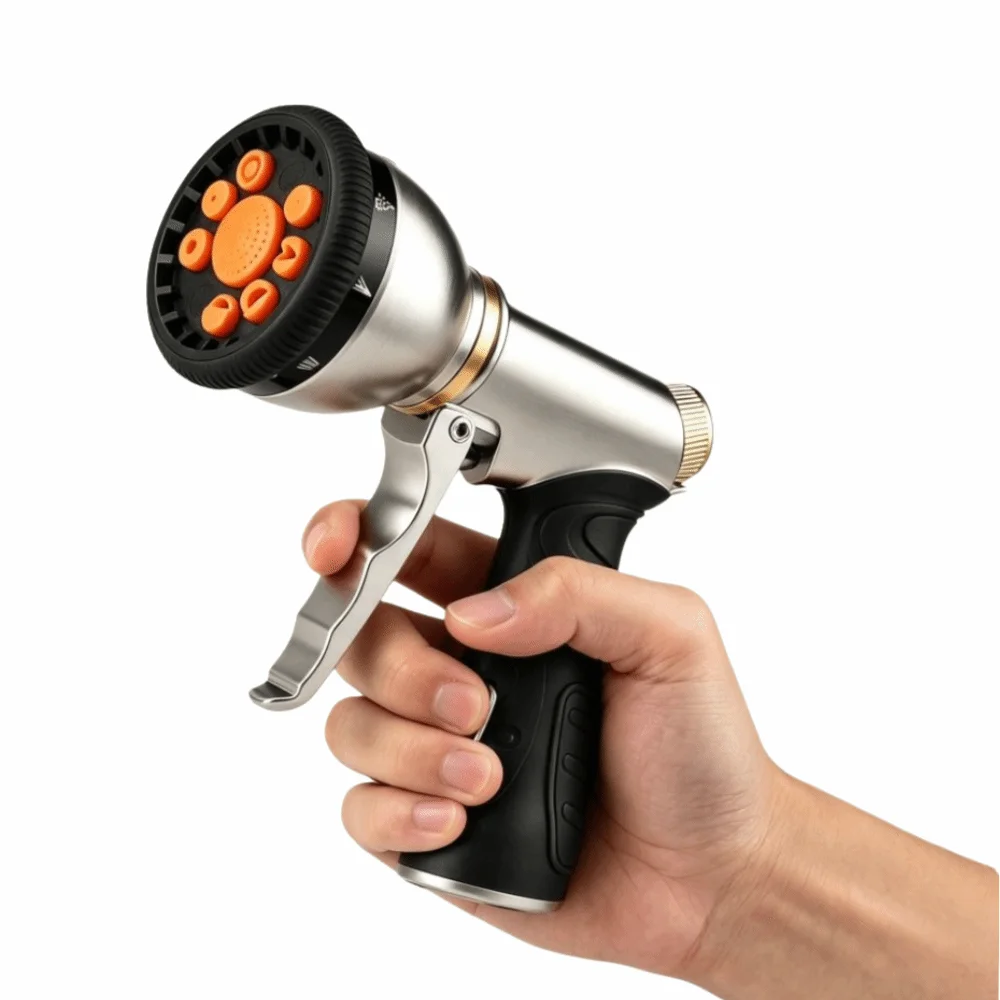 Durable Metal Garden Hose Nozzle Orange 9 Spray Patterns Water Hose Sprayer Heavy Duty Metal Adjustable Car Wash Nozzle