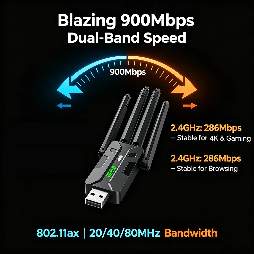 1300Mbps WiFi 6 USB Adapter Dual Band 2.4G/5Ghz Wireless WiFi Receiver BT 5.4 Dongle WiFi6 Network Card For Laptop PC Win 10/11