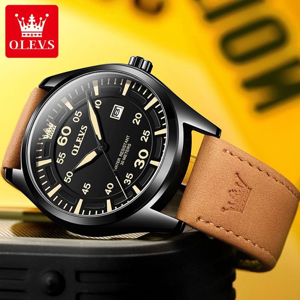 OLEVS 9962 Quartz Fashion Watch Gift Round-dial Genuine Leather Watchband Wristwatch Calendar