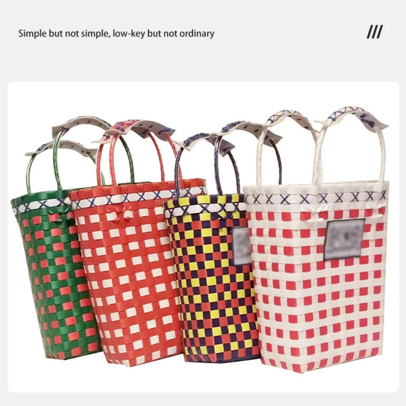 2022 Fashion Thai Style Plastic Woven Basket Women Shopping Vegetable Handbag Multicolor Plaid Storage Hand-held Beach Bag