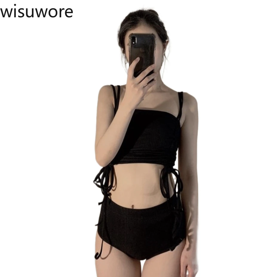 Wisuwore High Waist Split Women Swimsuit Drawstring Corset Triangle Panties Sexy Bikini Set Ladies Swimwear Hot Spring Vacation