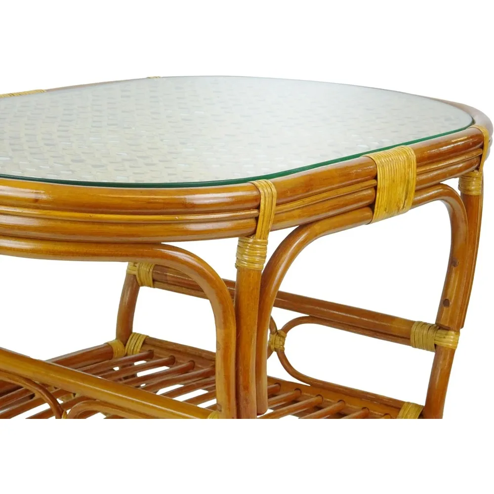 Pelangi Coffee Oval Table with Glass Top Natural Rattan Wicker ECO Handmade Design, Cognac