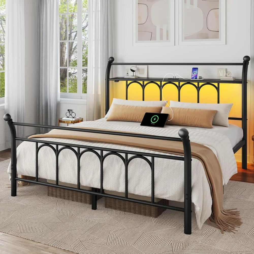 

Rolanstar Full Bed Frame with USB Charging Station, LED Bed Frame with Storage Headboard, Black Metal Platform Bed with Sleigh H