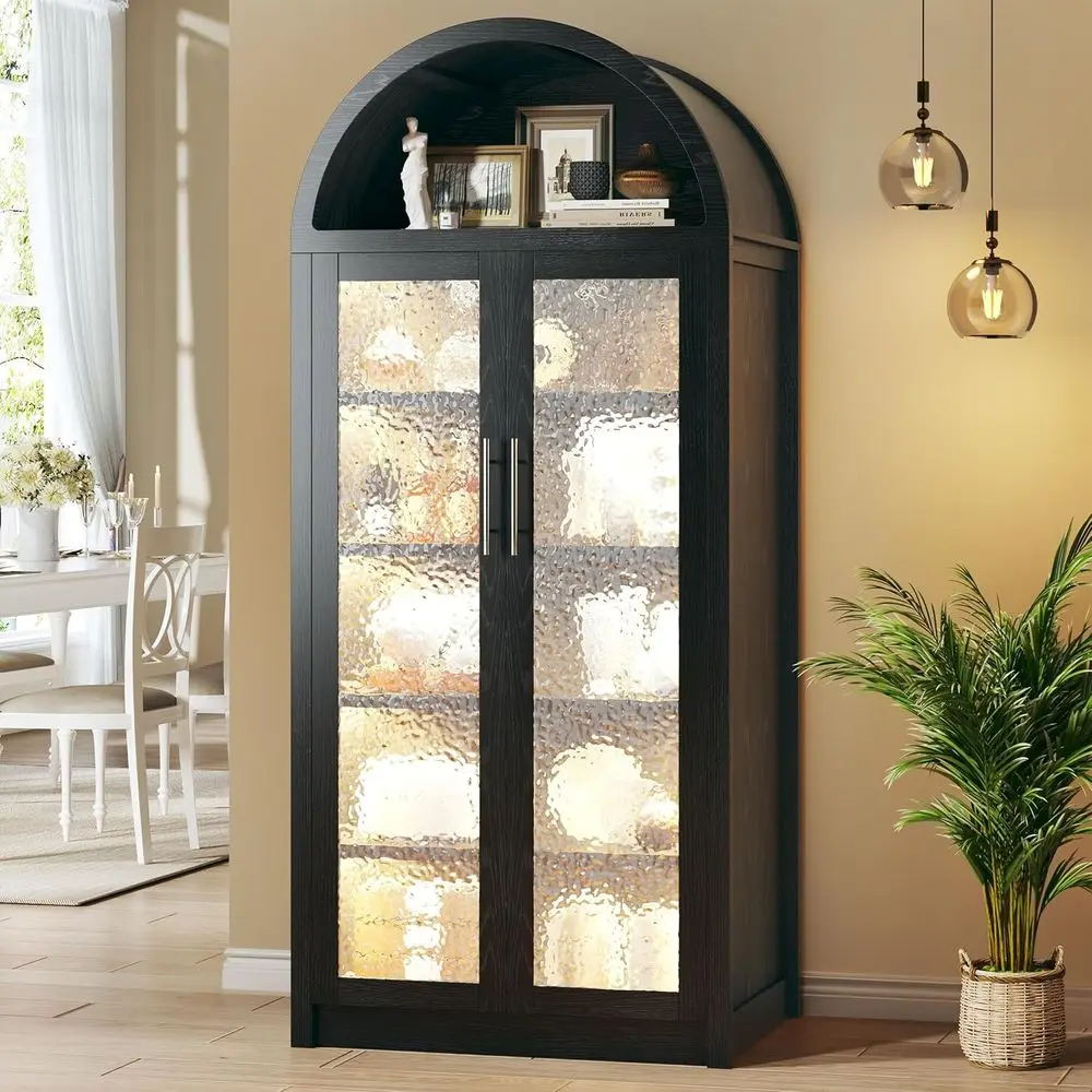 

Винный шкаф с LED-подсветкой, высотой 71 дюйм, с дверцами и полками, современное хранилище для алкоголя для кухни, столовой, гостиной, черный