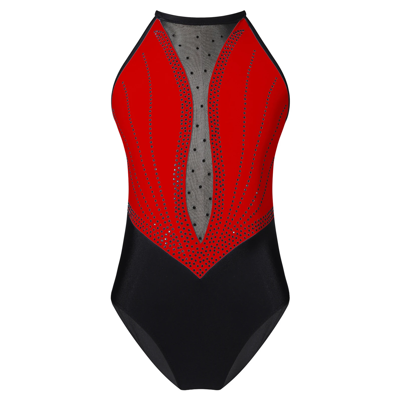 Ragazze Costume da ballo ginnastica Dancewear body per balletto danza senza maniche scollo tondo lucido strass vestito da ballo