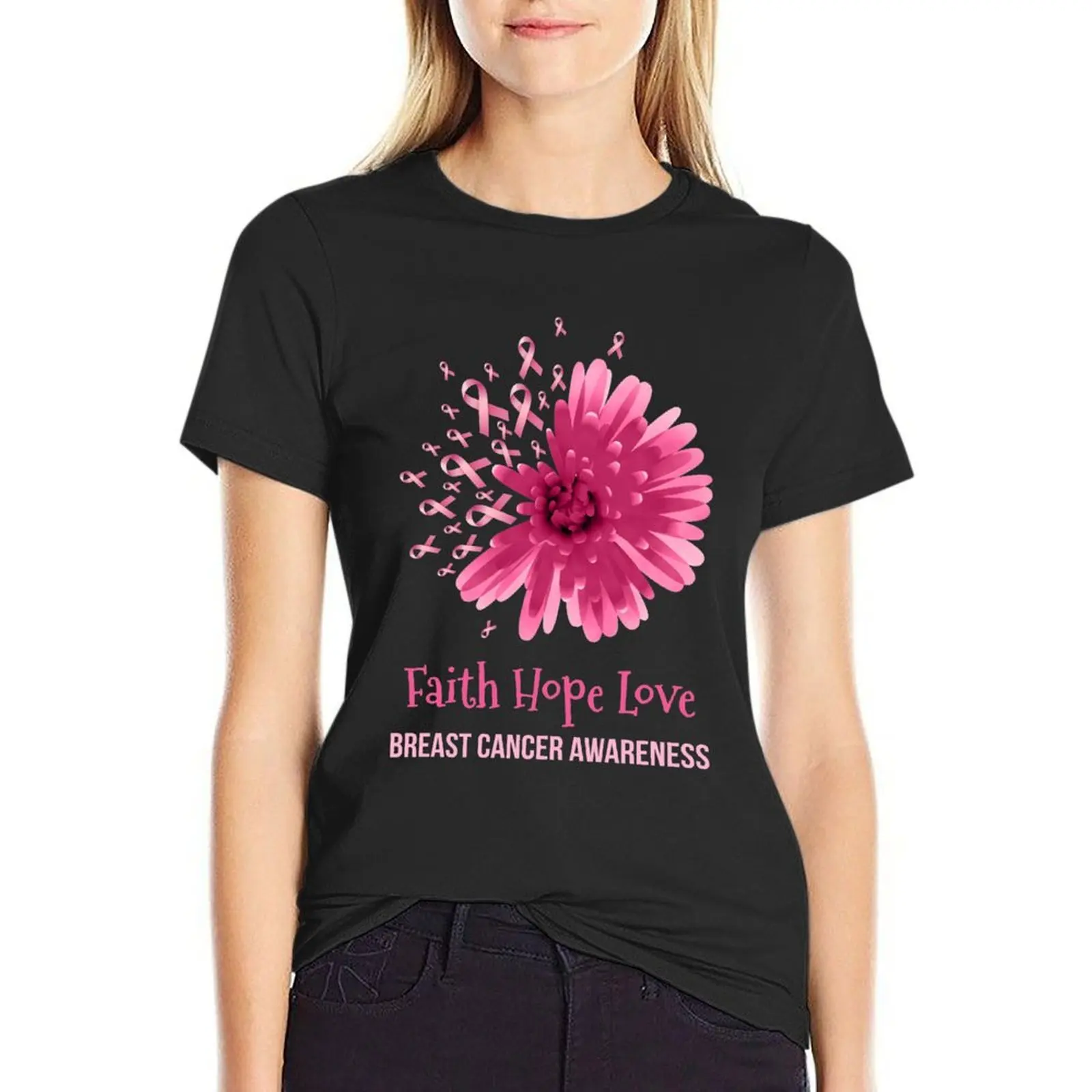 

Flower Faith Hope Love Breast Cancer Awareness T-Shirt hippie clothes summer top summer tops clothes for Women