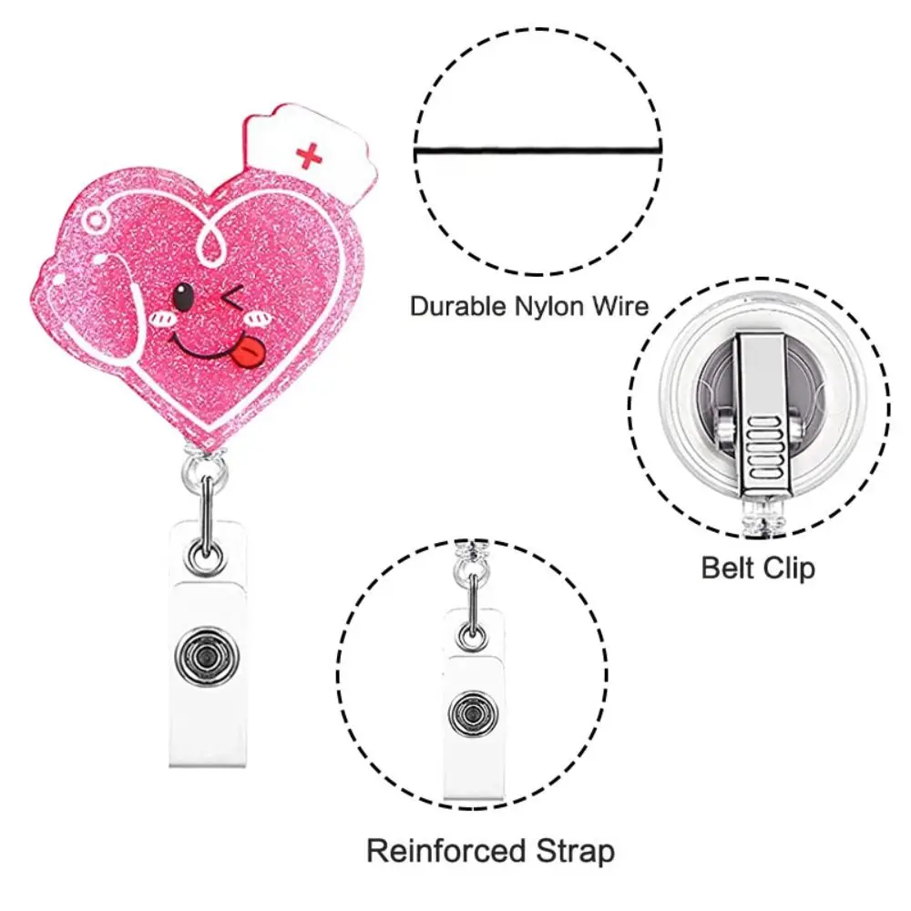 Glitter Nurse Retractable Badge Reel Love Heart Chill Pill Name Card Holder Work Card Clips 360 Rotating Alligator Clip