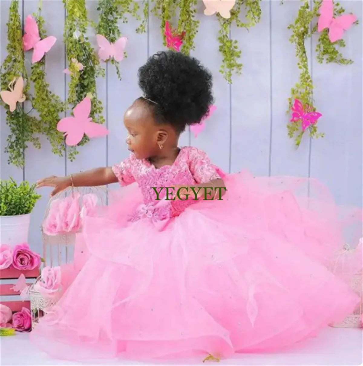 Cute Pink Baby Girl First Birthday Party Gown Floral Lace Beads Infant Toddler Christmas Dress Kid Cloth Ball Gown