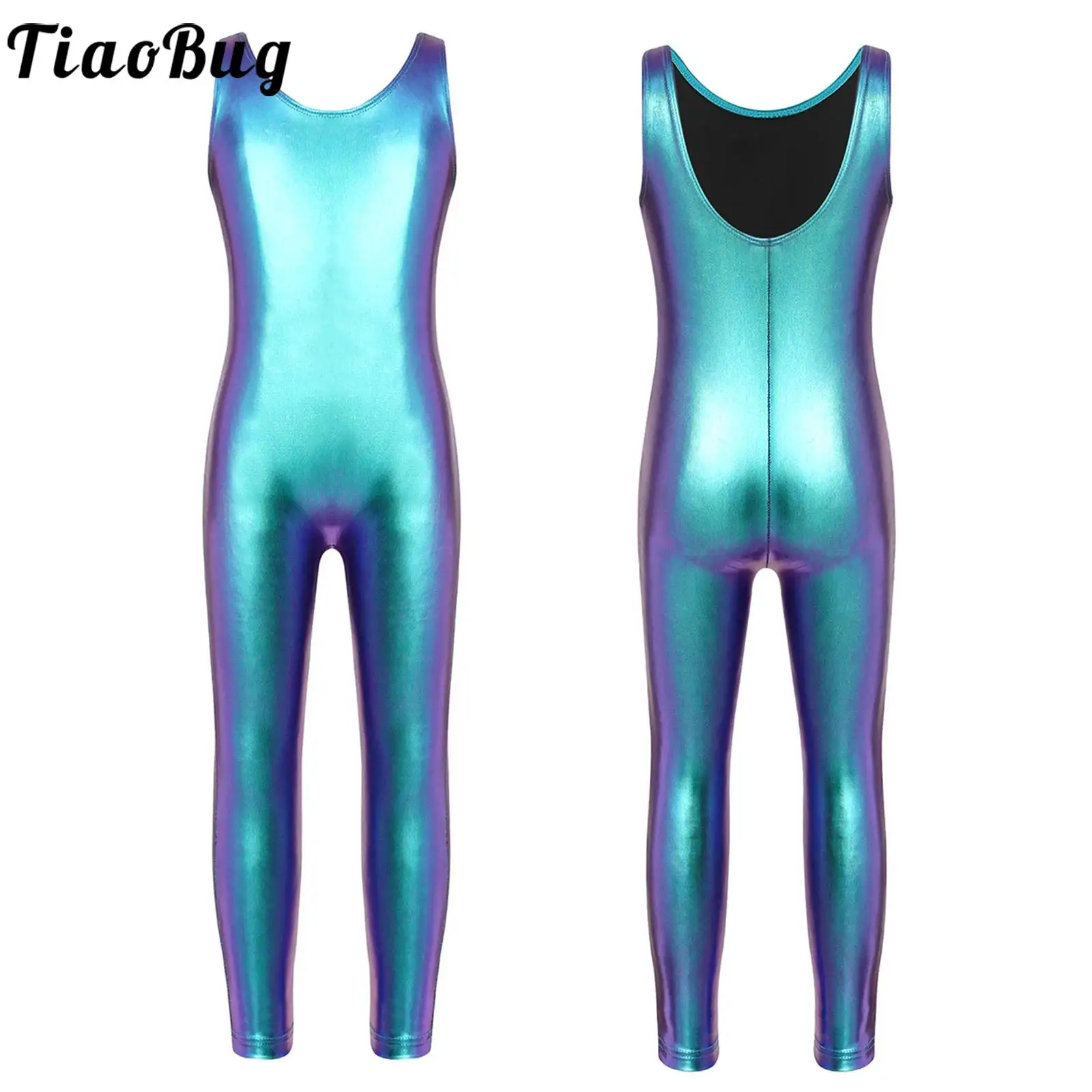 Kids Girls Metallic Shiny Full Body Suit Sleeveless Ballet Dance Leotard Gymnastics Skating Bodysuit Jumpsuit Unitard Costume