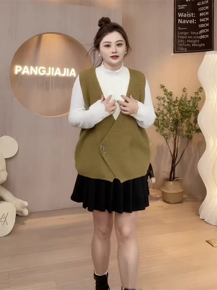 

plus Size Women's V-Ne Knitted Vest Outerwear New Autumn Faion Loose Slimming Bla Sweater Comfortable Fit Commute Sle