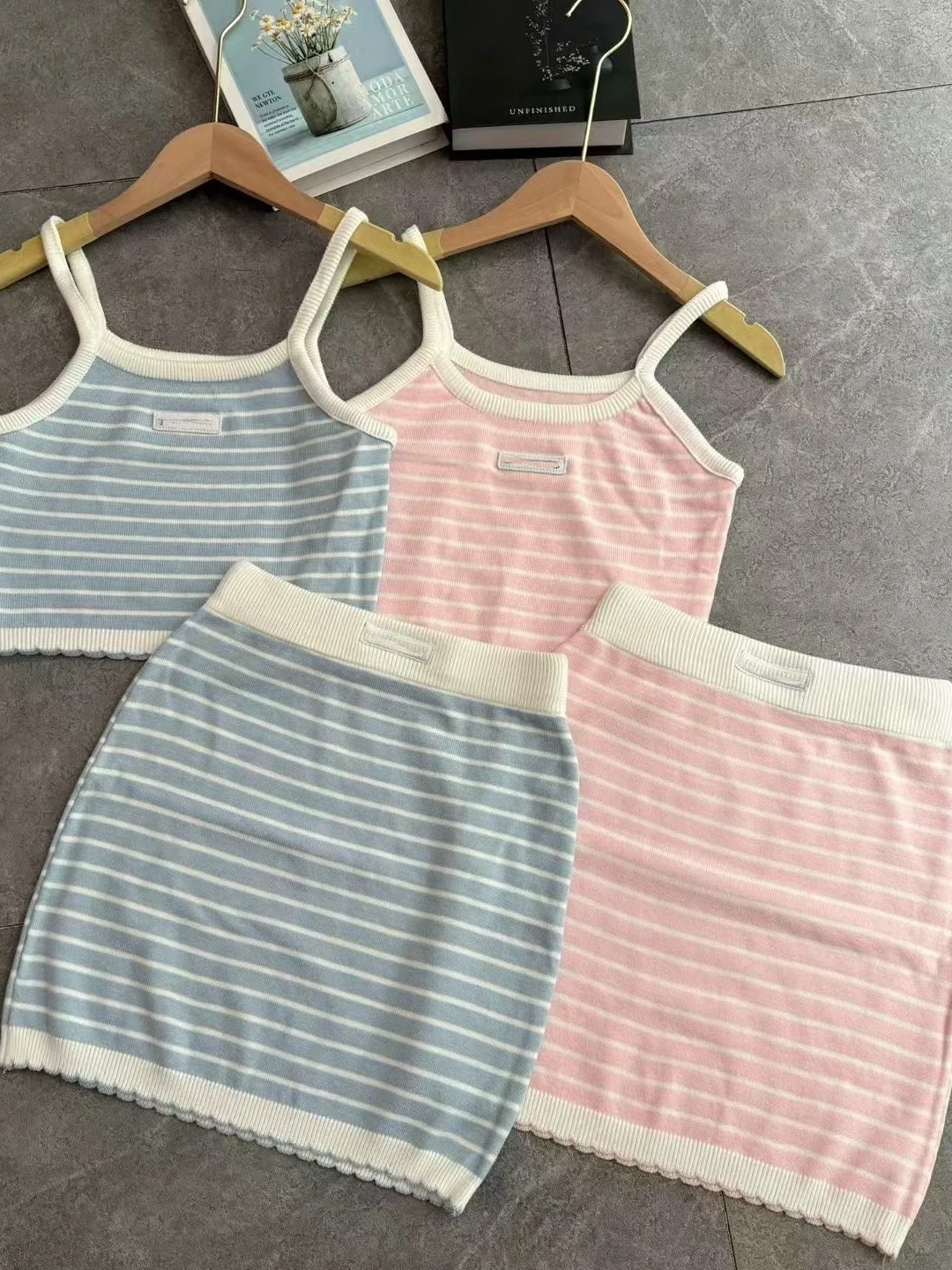 

VIBE Trendy Brand Spring Summer New Stripe Knitted Tube Top Skirt Set Women Sexy Young Looking Two Piece Set Soft Loose Fit