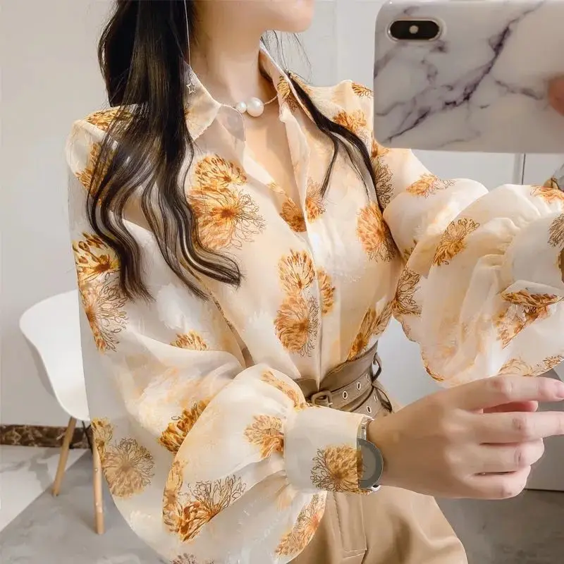 Spring Summer Woman Clothes Long Sleeved Shirt Loose Floral Top Chiffon Lantern Sleeve Sunscreen Elegant Turn-down Collar Casual