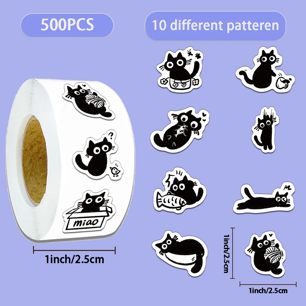 500PCS Creative Little Black Cat Cute Cartoon Roll Stickers Decorative Water Cup Notebook DIY Personalized Stickers