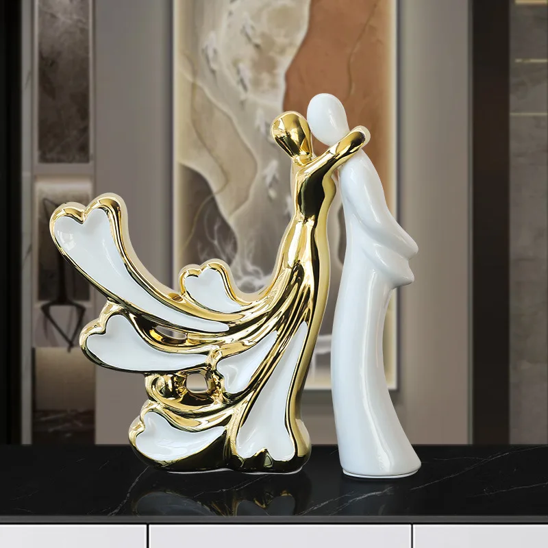 

Modern Luxury Ceramic White-Gold Couple Figurines Home Decor Craft for Living Room Entryway TV Cabinet Wine Cabinet Desktop