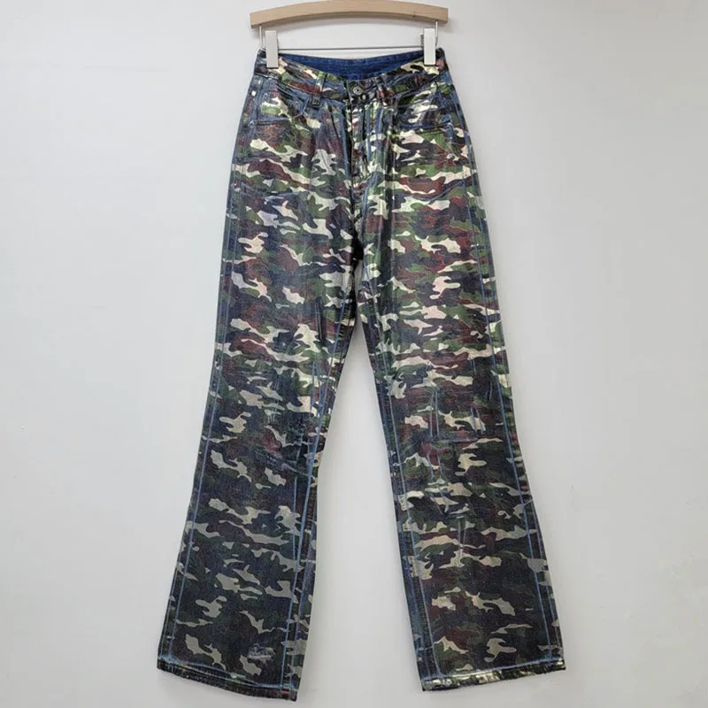 DEAT 2024 Winter New Items Fashion Retro Print Camouflage Denim Pants For Women Trendy Straight-leg Long Jeans Female 11A01981