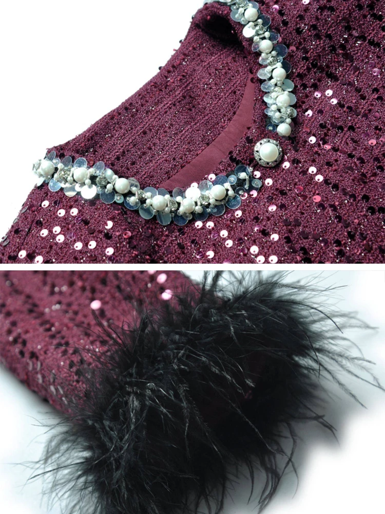 Luxury Women's sequined feather jacket and mesh skirt 2026 Spring autumn Pearl beading crop coat High quality Party INKEO 5O136