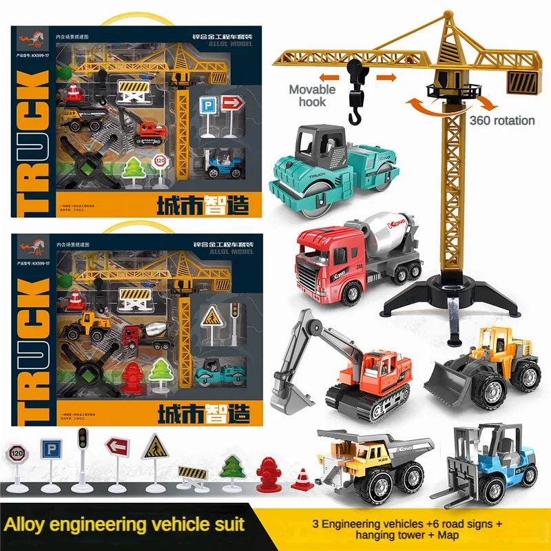 1:64 Alloy Construction Vehicle Combination Set Model Pendant Excavator Map Road Sign Construction Vehicle Model Toy Set