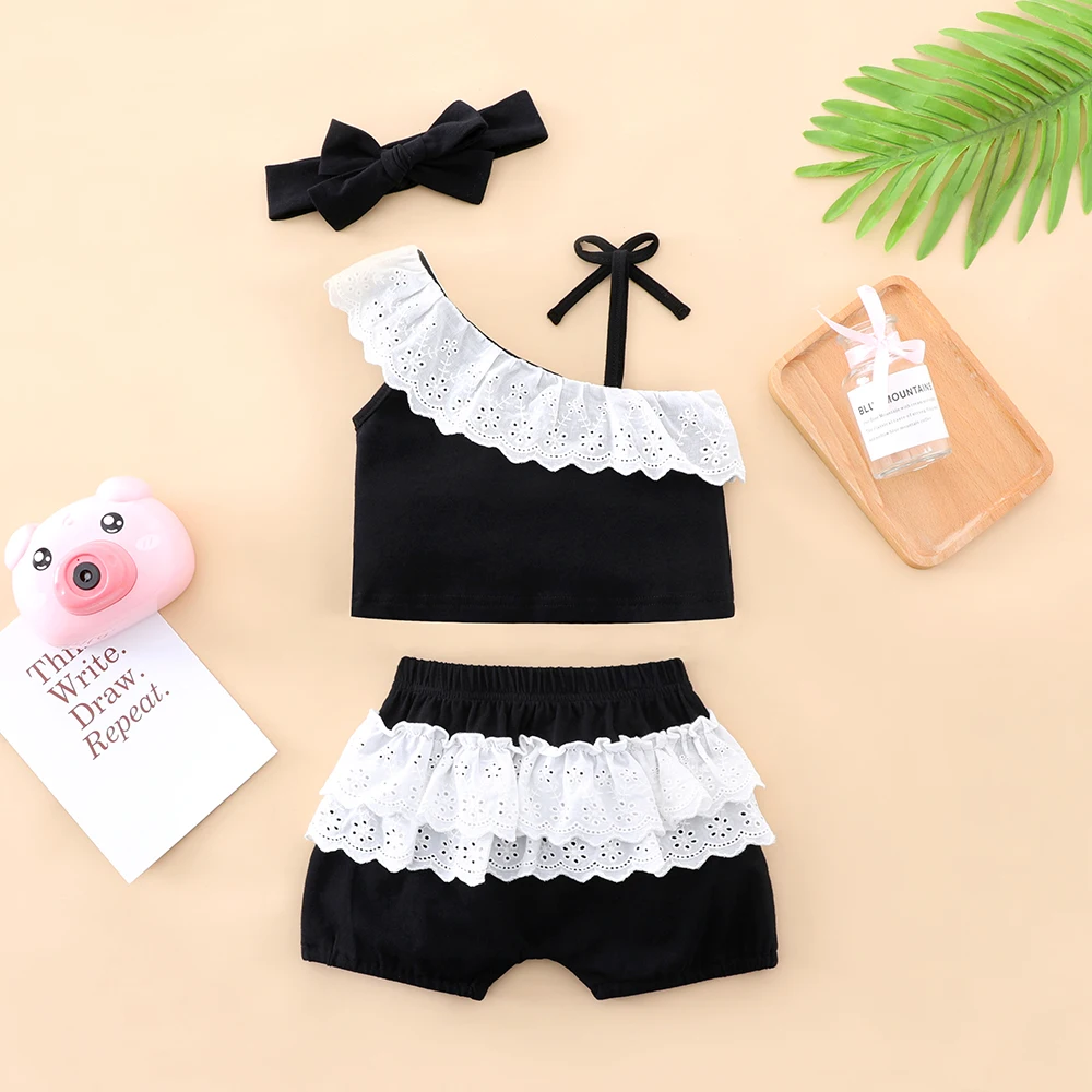 3pcs Baby Infant Girls Asymmetrical Ruffle Eyelet Crop Top and Bloomers and Headband Summer Clothes Set