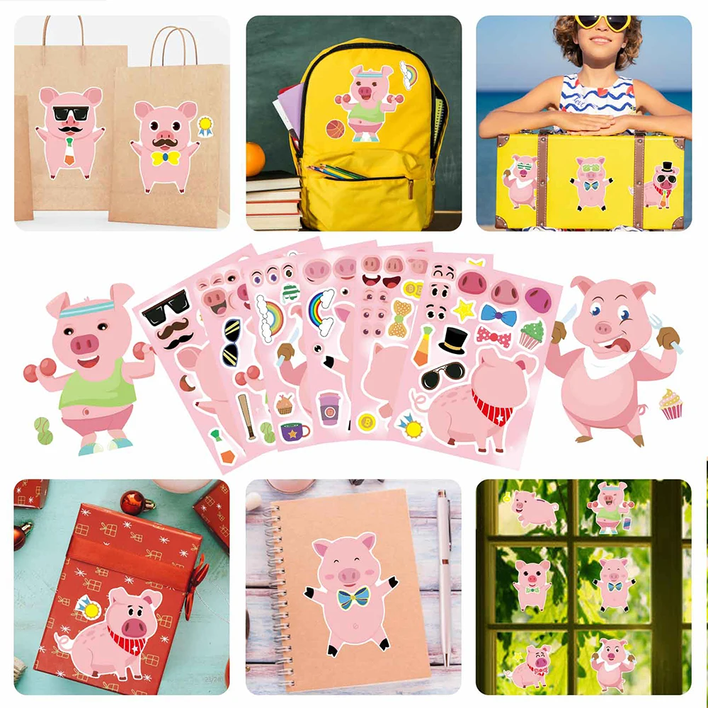 6/12Sheets Make a Face Pink Pig Puzzle Stickers Cute Animals Assembly Jigsaw Kids DIY Education Toys Party Game Decoration Gifts