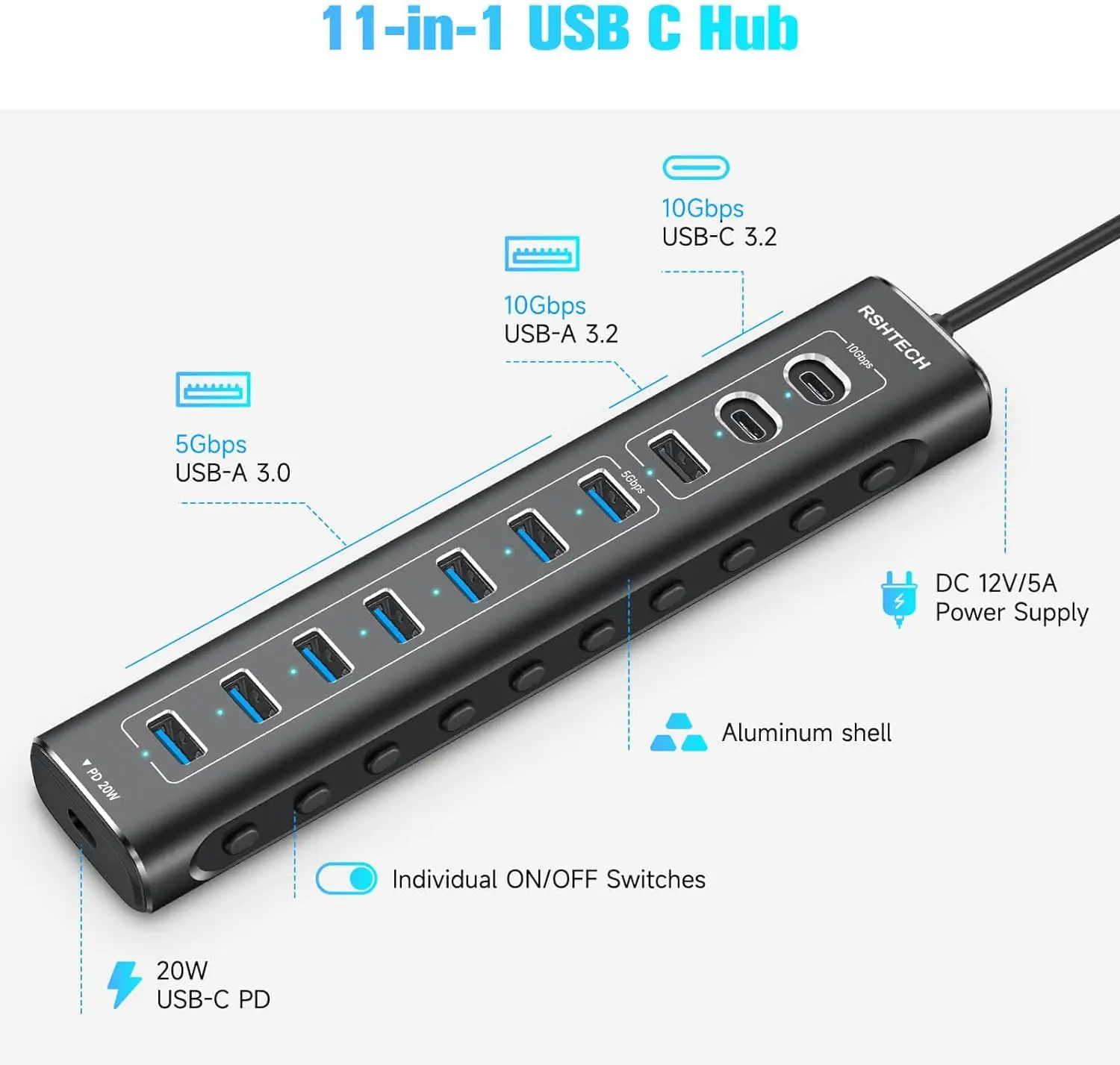 Imagem -03 - Hub Usb Rshttech-alumínio com 11 Portas 60w tipo c com 10 s Porta de Dados pd 20w para Macbook Laptop pc