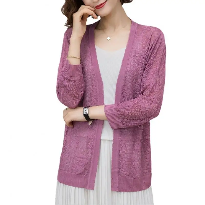 Summer Women Hollow Out Knit Cardigans Jackets Elegant Lightweight Casual Sunscreen Thin Outwear Basic Jacquard Knitwear Tops